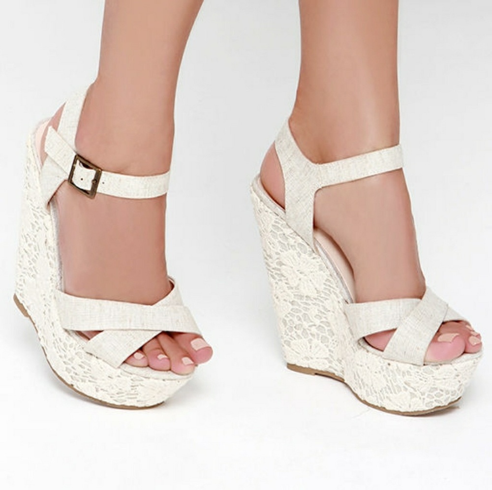 Beige Linen Lace Wedges